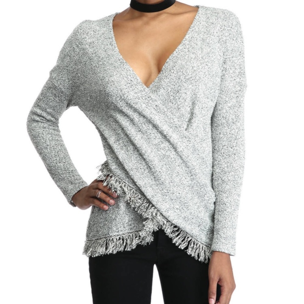 Small Red Haute gray fringe sweater